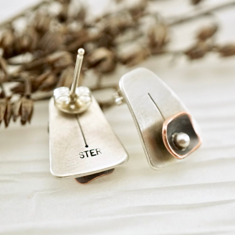 Unique, artisan designed, handmade sterling silver and copper, post earrings | Square Pods collection