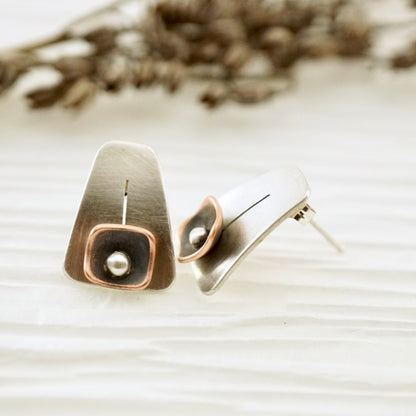 Unique, artisan designed, handmade sterling silver and copper, post earrings | Square Pods collection
