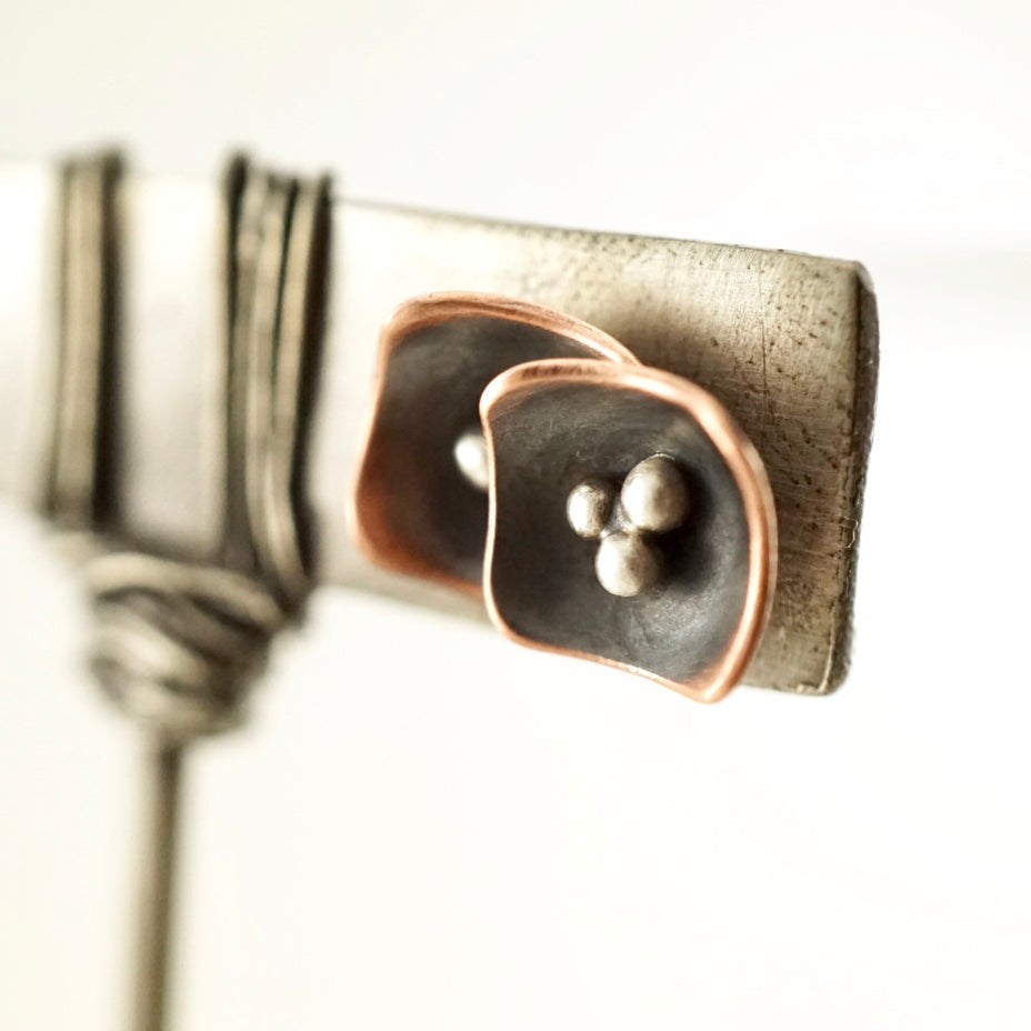 Unique, artisan designed, handmade sterling silver and copper, single pod, stud earrings | Square Pods collection