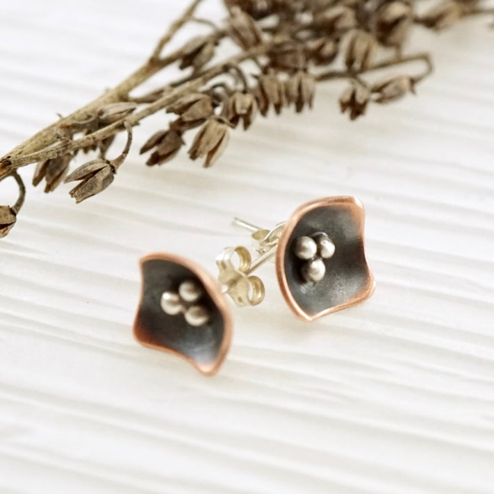 Unique, artisan designed, handmade sterling silver and copper, single pod, stud earrings | Square Pods collection