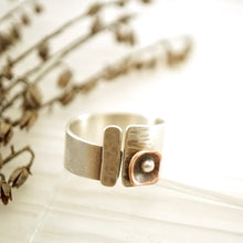 Load image into Gallery viewer, Unique, artisan designed, handmade sterling silver and copper, open band ring | Square Pods collection