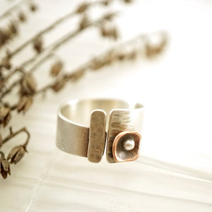 Unique, artisan designed, handmade sterling silver and copper, open band ring | Square Pods collection