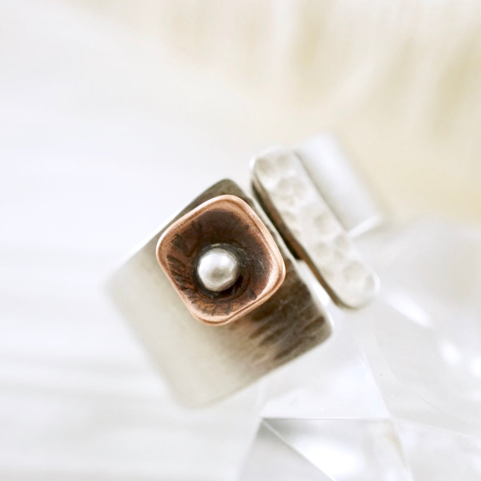 Unique, artisan designed, handmade sterling silver and copper, open band ring | Square Pods collection