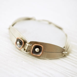 Unique, artisan designed, handmade sterling silver and copper link bracelet | Square Pods collection