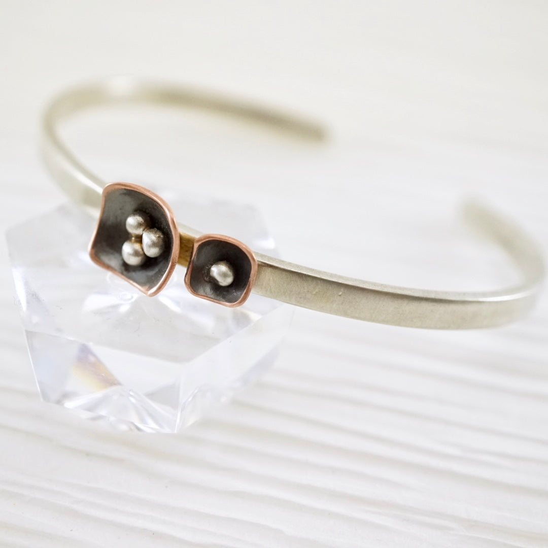Unique, artisan designed, handmade sterling silver and copper cuff bracelet | Square Pods collection