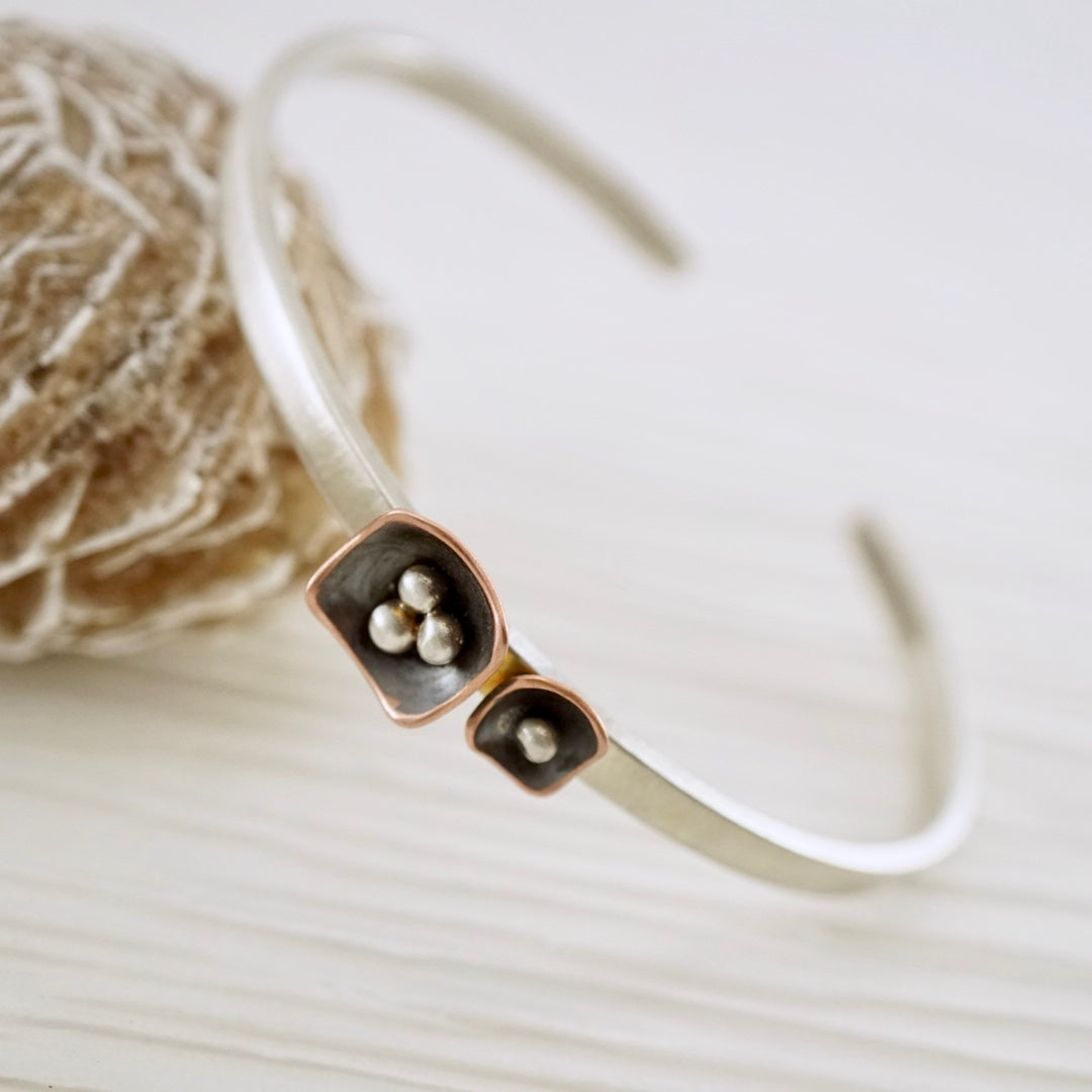 Unique, artisan designed, handmade sterling silver and copper cuff bracelet | Square Pods collection