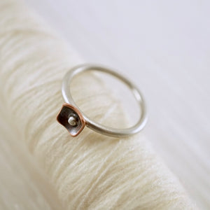 Unique, artisan designed, handmade sterling silver and copper, closed band ring | Square Pods collection