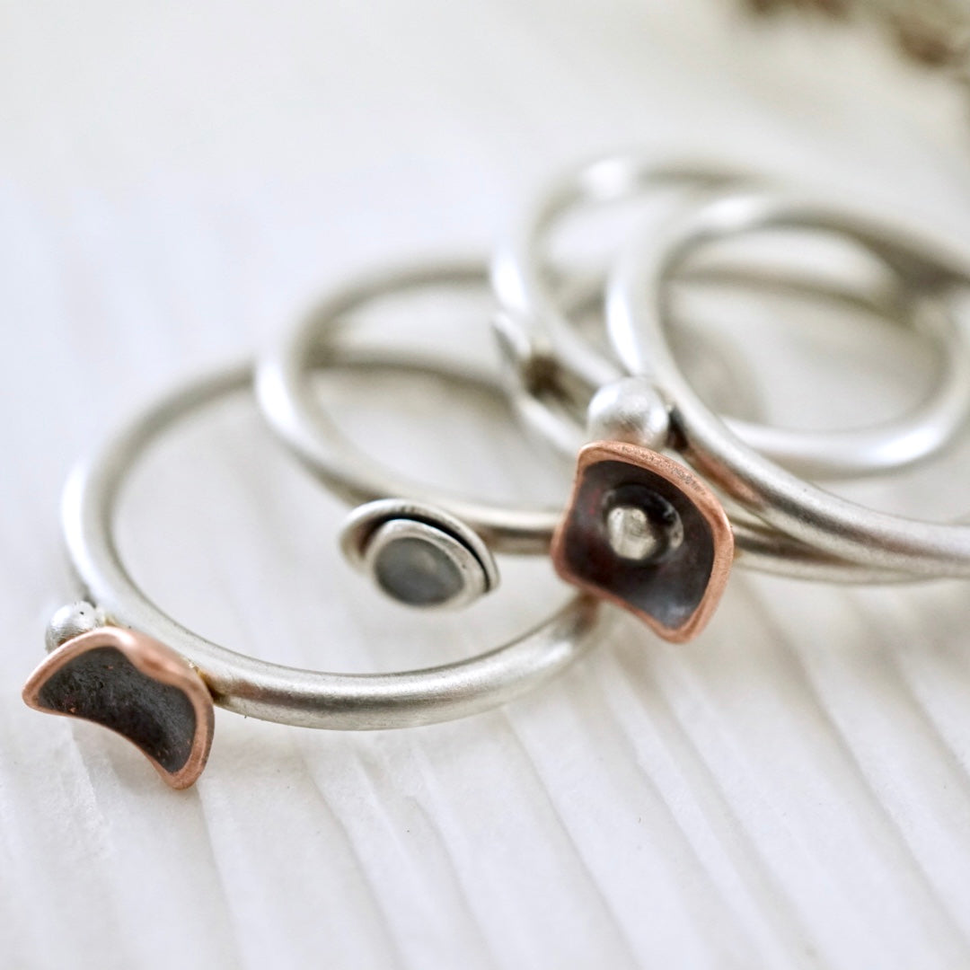 Unique, artisan designed, handmade sterling silver and copper, closed band ring | Square Pods collection