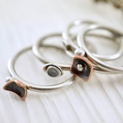 Unique, artisan designed, handmade sterling silver and copper, closed band ring | Square Pods collection